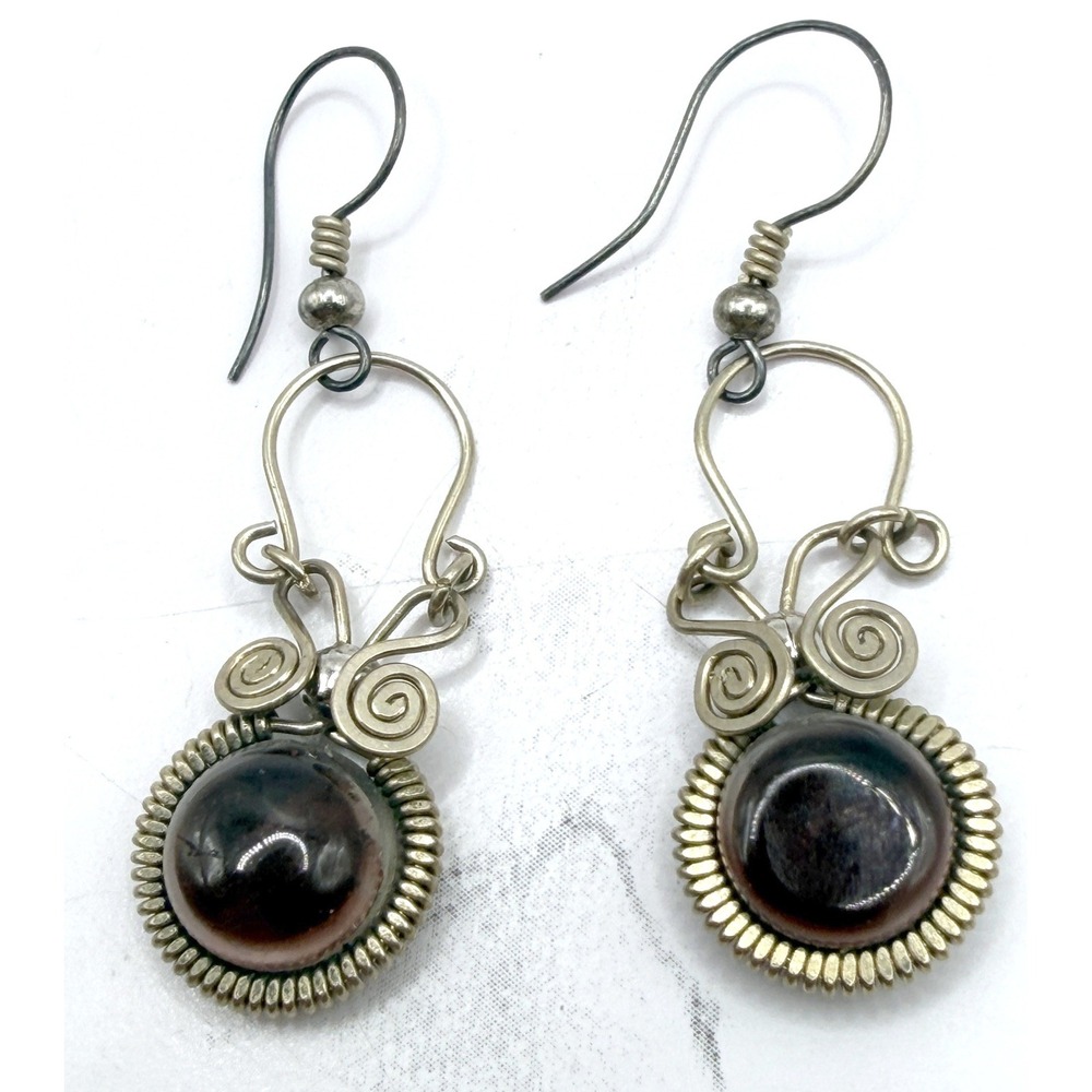 Brown Glass Dangle Earrings‎ Silver Wire Rustic Artisan 2"